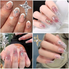 30Pcs Gold Silver Star Nail Charms - 3D Stars Nail Art Charms for Acrylic Nails Kit with Shiny Alloy Crystal Star Nail Gems Nail Jewels Star Nail Rhinestones Nail Art Supplies for Women DIY Nail Decor