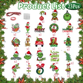 23Pcs Tree Decorations for Grinch, Christmas Decorations, Xmas Tree Decorations for Tree and Windows Winter Christmas Themed Party (With 24*Red Ribbon, 40* Glue Point and 1 Roll of Rope)
