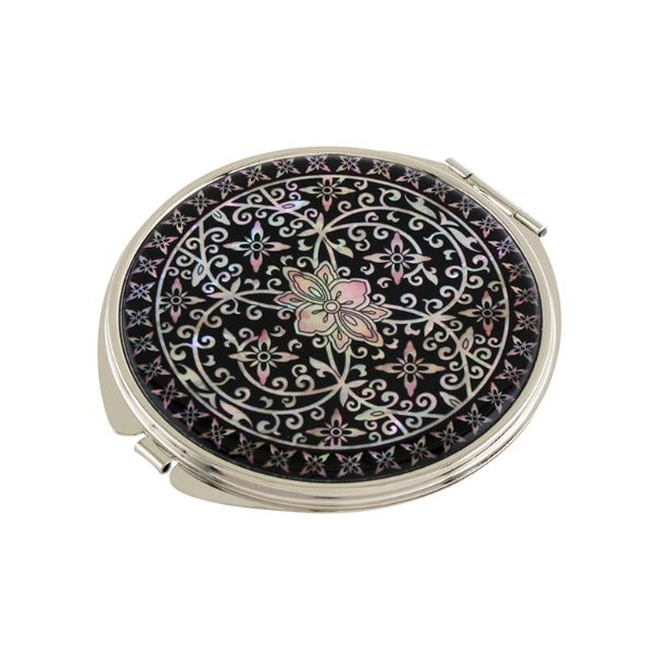Mother of Pearl Arabesque Flower Design Black Magnifying Double Compact Cosmetic Makeup Round Hand Mirror
