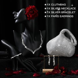 Meanplan 4 Pcs Silver Clutch Purse Jewelry Set for Women Evening Rhinestone Purse Silver Accessories for Women Bride Wedding(Delicate Style)