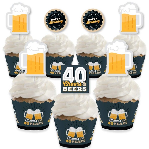 Big Dot of Happiness Cheers and Beers to 40 Years – Decoración para magdalenas – Juego de 24 envoltorios para cupcakes y palillos de golosinas