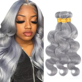 Giginger Sliver Grey Human Hair Bundles 12 14 16 inch Body Wave Human Hair Bundles Highlight Sliver Grey 100% Unprocessed Raw Quick Weave Hair for Black Women