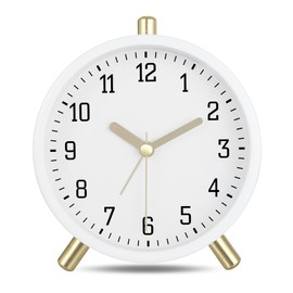 Lafocuse Classic Metal Alarm Clock Analogue No Ticking, Milky White Silent Alarm Clock with Light, Modern Simple Decorative Table Clock Bedroom Bedside Table 11 cm