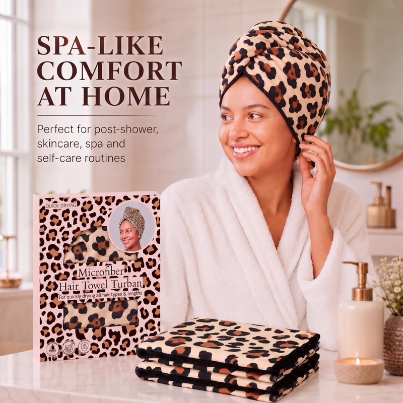 2 Pack Large Leopard Hair Towels 24" x 40" Absorbent