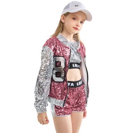 LOLANTA Girls Sequin Dance Costume 4 Piece Set Kids Hip Hop Jazz Modern Dancing Outfits (Pink, 8-10)