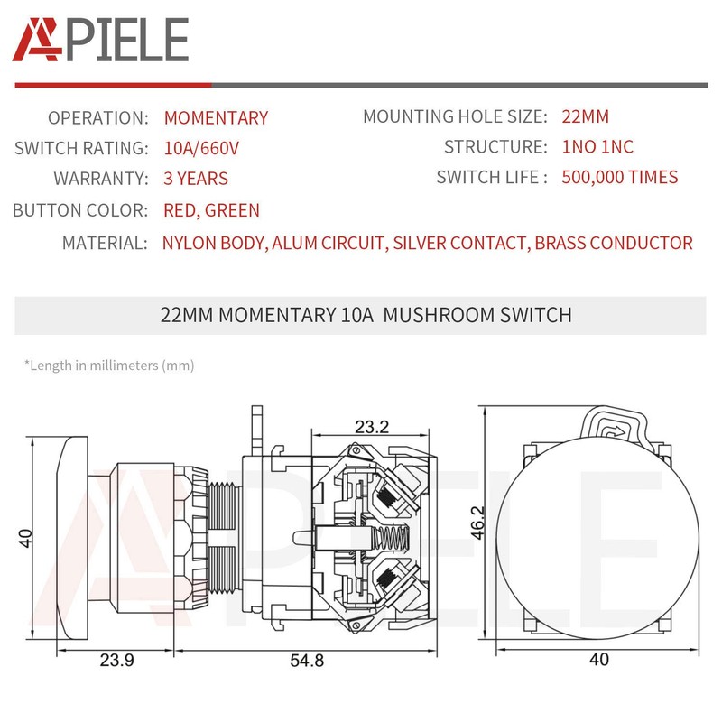APIELE 22mm Momentary Mushroom Head Push Button Switch 1NO1NC 7/8''