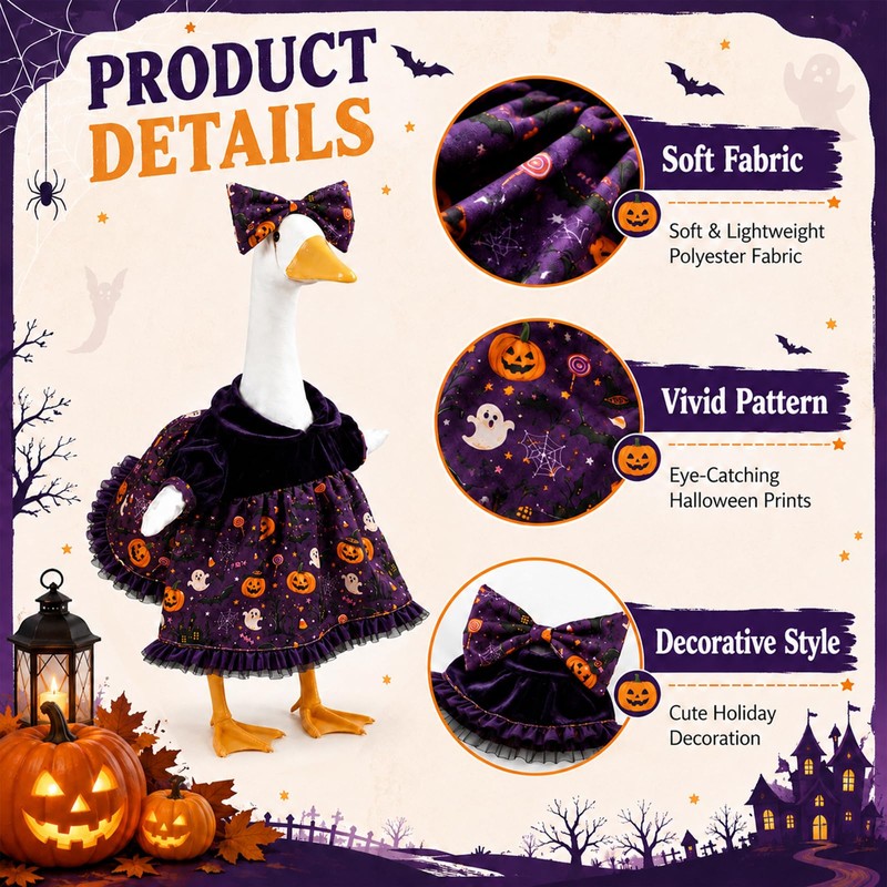 Halloween Porch Goose Outfits, Purple Pumpkin Goose Dress