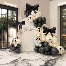 Black Bow Birthday Party Decorations 122pcs black Ivory White Double Stuffed Pearl White Balloons with Black Bow Foil Balloons for Girl Coquette Birthday Wedding Bridal Party Decorations