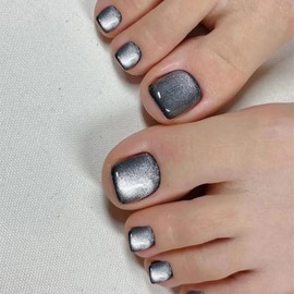 MISUD Press on Toenails Glossy Fake Toenails Black Glue on Toenails Cat Eye Acrylic Toe Fake Nails Bling Stick on False Toenails with Design Full Cover Press-on ToeNails for Women 24pcs