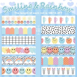 JarThenaAMCS 12 Rolls Washi Tape Composition Notebook Classroom Decor Pastel Smile Rainbow Decorative Masking Tape Set Preppy Wrapping Paper Tapes for Back to School Scrapbook Journal DIY Art Crafts