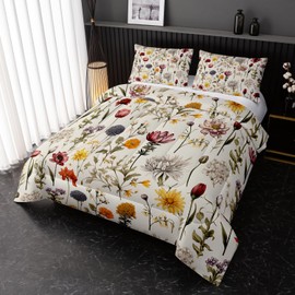 Nttopship Bohemia Floral Comforter Set Twin Size, Green Botanical Leaf Yellow Flowers Printed Striped Bedding Set 3 Pieces Soft Microfiber Bedding Set with 2 Pillow Cases for All Season