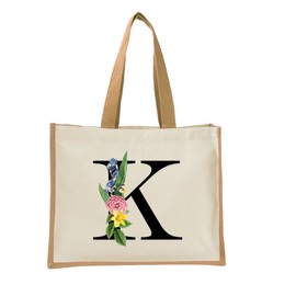 Monogram Initial Canvas Jute Tote Bags for Women - Cotton Shoulder Bags, Reusable Bags for Shopping, Gift bags, Book Bag, Travel Bag, Shopper Bags - Floral Letter K - Natural - L