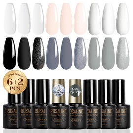 ROSALIND White Black Gel Nail Polish Set with Matte and Glitter Top Coat, 6 Colors Black Milky White Neutral Nude Grey Gel Nail Polish Soak Off Gel Nail art