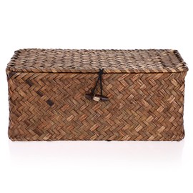BTSKY Woven Wicker Storage Bins with Lid - Natural Seagrass Rattan Storage Basket for Shelf Organize, Multipurpose Home Organizer Bins Boxes for Storage Cosmetics, Groceries(Coffee, 23 * 13 * 9.5cm)