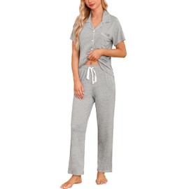 Samring Women's Pajama Sets for Women Short Sleeve Sleepwear Soft Button Down 2 Piece Summer Pjs Lounge Set Nightwear Gray XXL