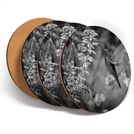 Destination Vinyl ltd Great Coasters (Set of 4) Round - BW - Ear Hummingbird Bird Drink Glossy Coasters/Tabletop Protection for Any Table Type #37439