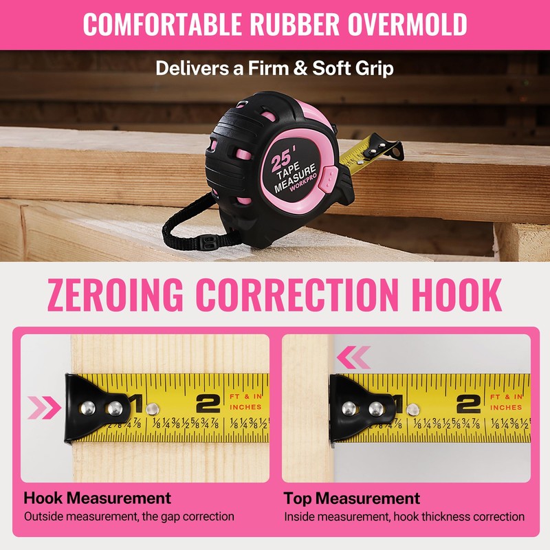 WORKPRO 25-FT Tape Measure with Fractions, 3 Brakes Retractable Measuring
