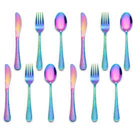E-far 12-Piece Toddler Utensils, Stainless Steel Kids Silverware Set, Small Children Flatware Includes 4 Forks 4 Spoons 4 Knives, Safe for Self Feeding, Healthy & Non-Toxic, Rainbow