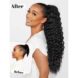 ALXNAN Wavy Curly Ponytail Extension, 26 Inch Black Drawstring Ponytail for Black Women Short Soft Natural Synthetic Hairpiece Thick For Daily Use