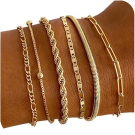 VXOAP Gold Bracelets for Women, 14K Gold Plated Jewelry Set Stackable Bracelets Dainty Layered Bracelets Trendy Waterproof Herringbone Paperclip Rope Link Chain Fashion Accessories Gifts for Womens