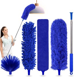 5-in-1 Kit Dusters for Cleaning, Duster with Extension Pole, Extendable Duster with 100 Inches, Microfiber Dusters, Webster Cobweb Duster for Cleaning Ceiling Fans, Furniture, Blinds - Blue