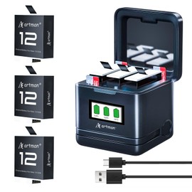 Artman Hero 12 Battery for Gopro Hero 12 11 10 9 Black with 3-Channel USB Intelligent Charger Fully Compatible with Gopro Hero12/11/10/9 Battery 3-Pack