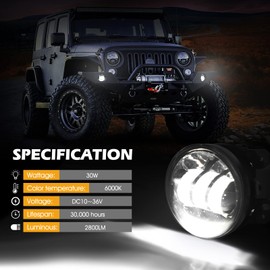 KARSAM 4Inch LED Fog Lights for 2007-2018 Jeep Wrangler JK JKU 2018-2024 JLU Front Bumper White Round Fog Light, 30W LED Off Road Lights for Driving, 4" Fog Lamps, Accessories for Jeep Wrangler 2PCS