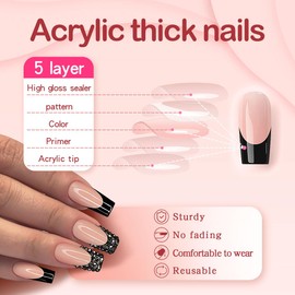 Yivaiks Black French Tip Press on Nails Medium Coffin False Nails Press ons Fake Nails With Glue on Nails Full Cover Acrylic Nails for Women Ballerina Rhinestones Long Artificial Nails 24pcs
