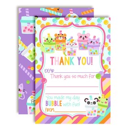 Amanda Creation Let's Par-Tea Cute Animal Bubble Tea Themed Birthday Party Thank You Notes, Ten 4" x 5.5" Fill-In the Blank Cards with 10 White Envelopes
