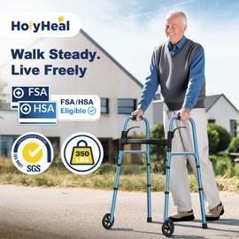 HolyHeal Walkers for Seniors, Folding Walker with Wheels and 2 Skis, Lightweight Rolling Walker Supports Up to 350 Pounds, Adjustable Height, Adult Compact Standard Walkers with Aluminum Frame, Blue