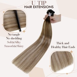 Hetto Remy Real Hair Tape-In Keratin Bonding Extensions, Ombre Dark Brown Mix, Ash Brown and Medium Blonde, Hot Fusion No. 3/8/22, 50 cm, 50 g