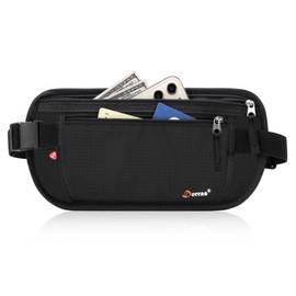 Money Belt - Passport Holder Security Hidden Slim Travel Wallet Fanny Pack with RFID Blocking - Black