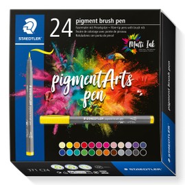 STAEDTLER Brush Pen Pigment Arts, Premium Drawing Ink, Brush Tip for Variable Line Width, Waterproof, Quick-Drying, 24 Brush Pens in Assorted Colours in Cardboard Case, 371 C24