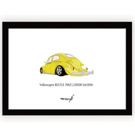 Vintage Car Pop Art A4 Framed Volkswagen Beetle 1963 2 Door Saloon Paper Size 297mm x 210mm Black Frame Volkswagen BEETLE 1963 2 DOOR SALOON YELLOW