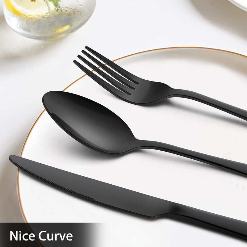 LIANYU 36-Piece Black Flatware Set with Steak Knives, Stainless Steel