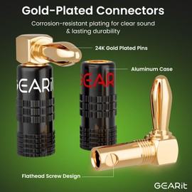 GearIT Right Angle Banana Plugs for Speaker Wire (6 Pairs, 12 Pieces), 90 Degree Pin Plug Type, (Non Conductive Coating) Spring Clips Speaker Banana Jack Terminals (Support 12 AWG to 20 AWG Wires)