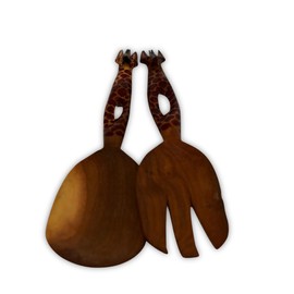 Beautifully Carved African Salad Serving Set, Handmade in Africa (Giraffe - Dark)