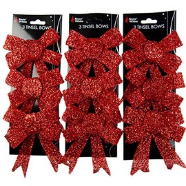 Set Of 9 Glitter RED Bow Christmas Tree Baubles Decorations
