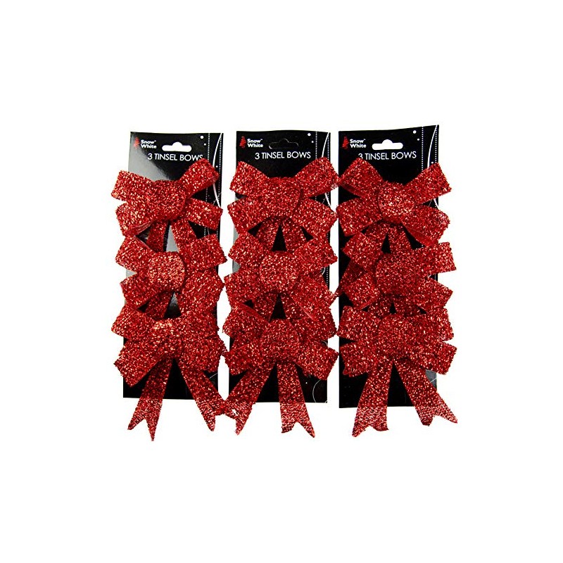 Set Of 9 Glitter RED Bow Christmas Tree Baubles Decorations