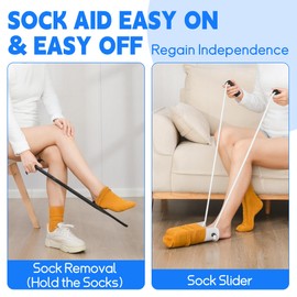 Sock Aids for Putting On Socks Kit - (Sock Helper + 35 Inch Dressing Stick with Sock Remover & Shoe Horn) - Flexible Sock Assistant Device for Seniors & Limited Mobility No Bending