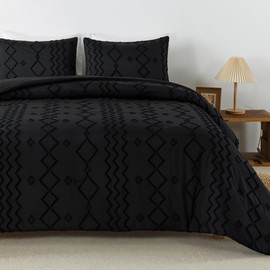 Andency Black Tufted Comforter Set Queen(90x90Inch), 3 Pieces(1 Tufts Comforter, 2 Pillowcases) Boho Textured Farmhouse Bed Set, Microfiber Down Alternative Geometric Bedding