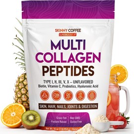 Multi Collagen Peptides Powder – Unflavored, Grass-Fed, Types I, II, III, V, X – with Biotin, Hyaluronic Acid, Probiotics & Vitamin C – Supports Hair, Skin, Nails & Joints – Non-GMO – 41 Servings