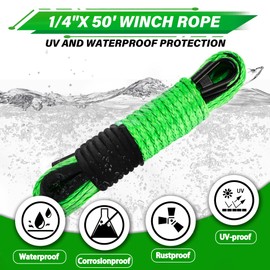 TYT Synthetic Winch Rope Kit - 1/4'' x 50' with 9650 lbs Strength, Protective Sleeve, Heavy Duty Hook, Rubber Stopper, & Safety Pull Strap for Off-Road 4x4 Vehicles (Green)