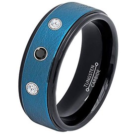0.21ct Black and White Diamond 3-Stone Tungsten Ring - April Birthstone - 8MM Two-tone Black/Blue-plated Wire Brushed Center Stepped Edge Comfort Fit Unisex Wedding Anniversary Band -15