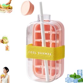 2025 New Ice Cube Bottle 500ML & 800ML – 2-in-1 Ice Tray & Water Bottle with Straw, Lid & Webbing | Leakproof, BPA-Free, Touch-Free Ice Release | For Travel, Juice & Outdoors (PINK, 800ml / 27oz)