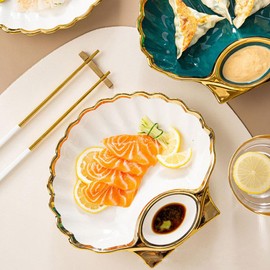 DOITOOL 3PCS Ceramic Sushi Plate with Sauce Compartment, Seashell Shaped Japanese Sushi Serving Plate with Sauce Holder for Sushi, Dumpling, Snack for Home and Kitchen (White)