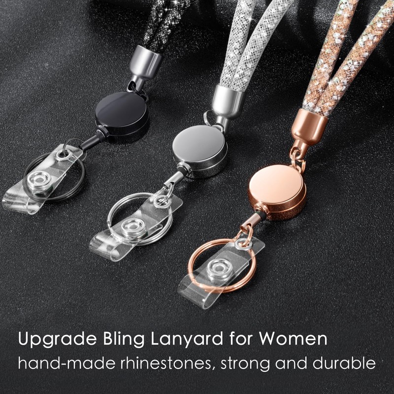 3 Pack Set Retractable ID Badge Holder with Bling Neck