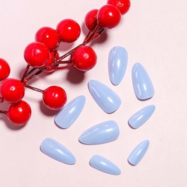 Blue Chrome Press on Nails Almond Fake Nails Medium False Nails with Design Metallic Mirrored Acrylic Full Cover Artificial Glossy Glue on Nail Cute Stick on Nail for Women Manicure 24Pcs