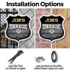 Jon's Garage I Can Fix Everything But Stupid (5 Pack) 12 inch X 12 inch Shield-Shaped Rust-Free Aluminum Metal Signs To last, Gift for Dads and Uncles Classic Americana Crafted in the USA
