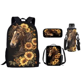 Belidome Girls Horse School Backpack Set with Pencil Case Insulated Lunch Pouch Bottle Holder Cover